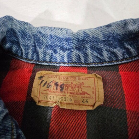 Vintage 80’s Levis 70411 0816 Buffalo Plaid Lined Denim Trucker Jacket Size 44 - Picture 5 of 8
